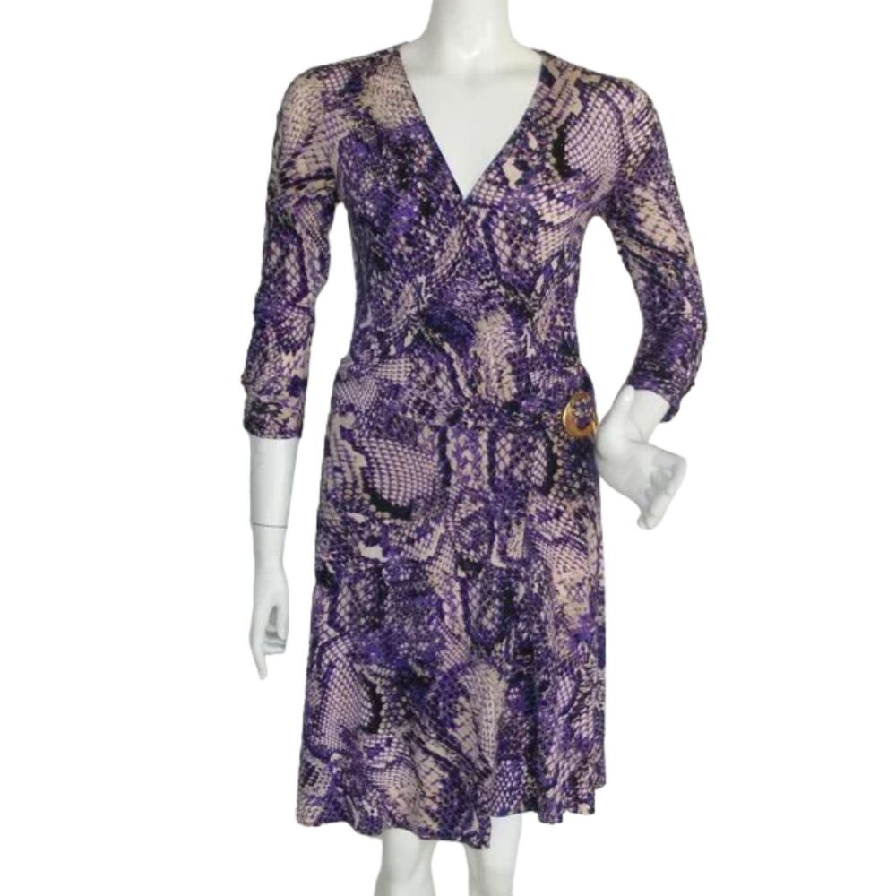 CACHE Dress, S, Purple Snakeskin, Fold over Wrap, Golden Buckle, Mid sleeves